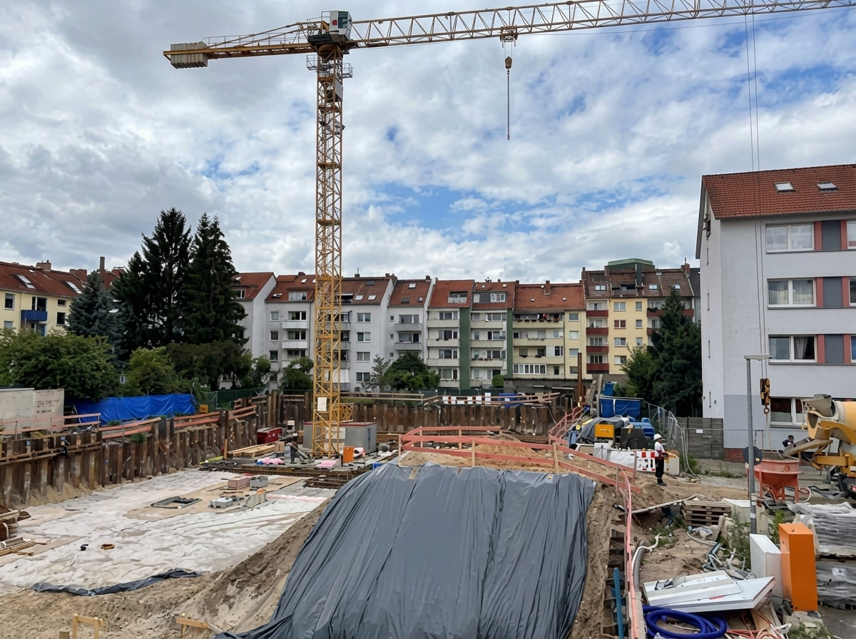 Baugrube des Elisabeth-Granier-Hofs mit Kran
